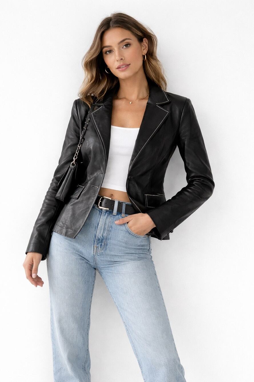 INC Women’s Genuine Leather Blazer Black Contrast Stitch Y2K Jacket Size 6